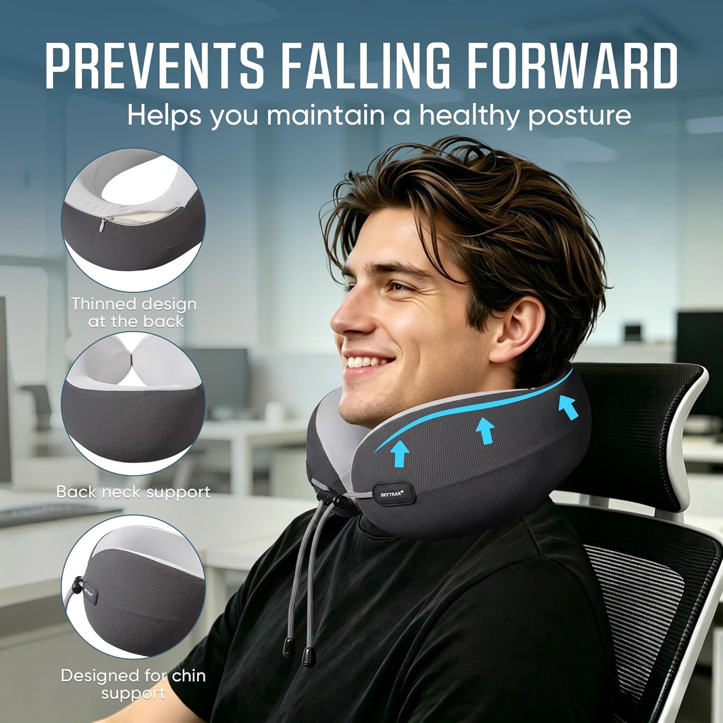 SKYTRAX COMF® Premium Ergonomic Memory Foam Travel Neck Pillow, Washable Cooling Ice Silk Cover, Firm Neck Support for Airplane Long Flights & Pain Relief, with Portable Carry Case (Grey)