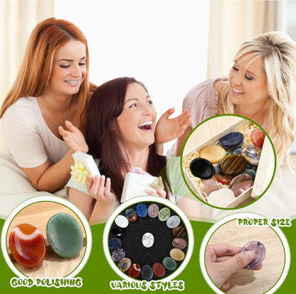 Fumete 18 Pcs Thumb Worry Stone for Anxiety Chakra Crystals Oval Chakra Stones Amethyst Tigers Eye Crystal for Anxiety Stress Relief Meditation Office Stress Yoga Crystal Spiritual Gift (Mixed Set)