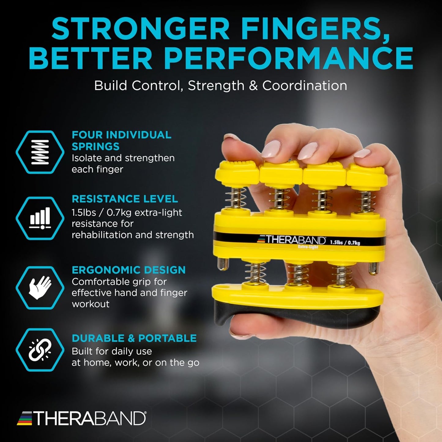 TheraBand Finger Exerciser — Hand & Finger Strengthener for Grip, Dexterity, Arthritis & Rehab — Spring-Loaded, Isolates Each Finger