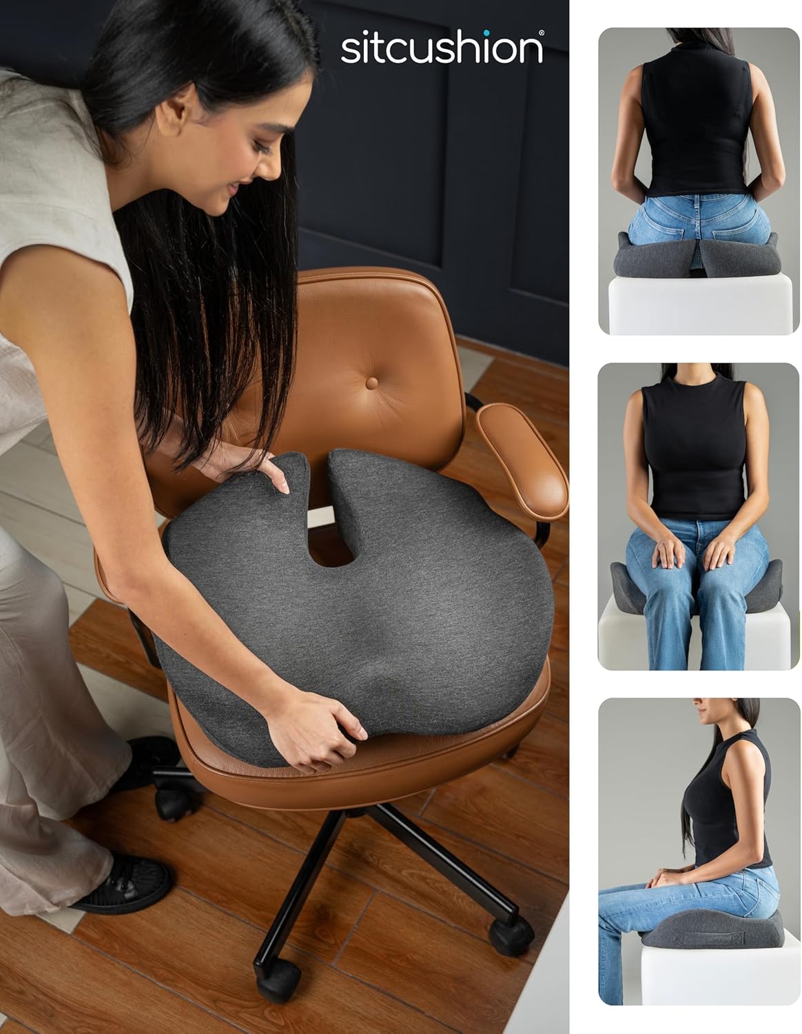 SitCushion Ergonomic Seat Cushion for Sciatica & Tailbone Pain Relief – Extra Large Memory Foam Office Chair Cushion for Long Sitting, Orthopedic Coccyx Cushion for Desk Chair, Car & Wheelchair(Black)