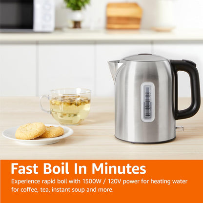 Amazon Basics Electric Kettle with Glass Carafe for Tea and Coffee, BPA-Free, Fast Boiling, Auto Shut-Off, Boil-Dry Protection, Water Level Indicator, 1.7 Liter, 1500W, Black and Silver
