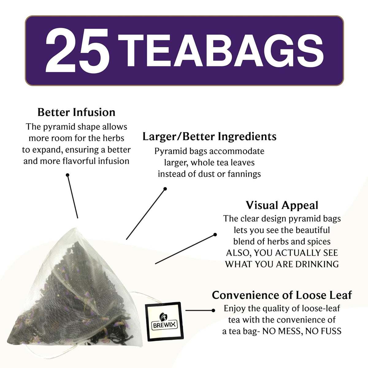 BREWIX, Earl Grey Lavender Tea Bags (25 Whole-Leaf Pyramid Sachets) | London Fog Black Tea with Natural Bergamot, Lavender & Vanilla | Floral, Aromatic & Caffeinated, Hot, Iced or Latte | Picnic in Paris