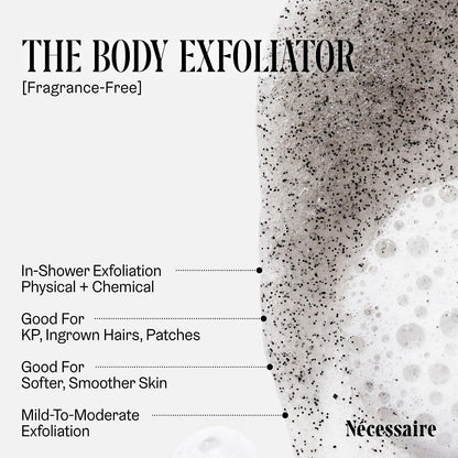 Nécessaire The Body Exfoliator. Eucalyptus. AHA/BHA/PHA. Resurface Skin. Smooth KP and Rough Patches. Hypoallergenic. Dermatologist-Tested. 180 ml / 6.1 fl oz