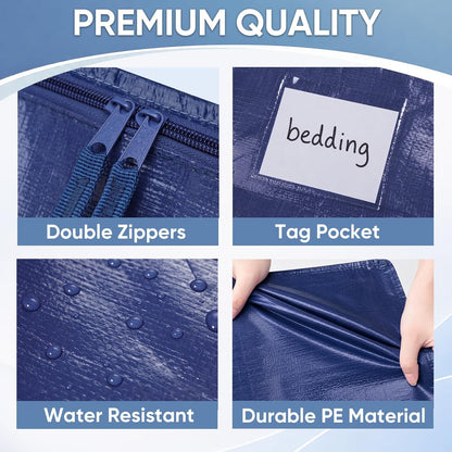 TICONN Extra Large Moving Bags Heavy Duty with Zippers & Carrying Handles, Durable Storage Bags Moving Boxes for Closet Organizers and Storage (Blue)