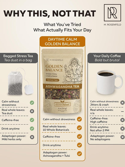 Ashwagandha Tea Loose Leaf – Golden Balance – Chill & Relax Herbal Blend with Chamomile, Lemon Balm & Lavender – Caffeine-Free Adaptogen Root Tea with a Naturally Slightly Earthy Flavor for Calm & Relaxation, 4 oz