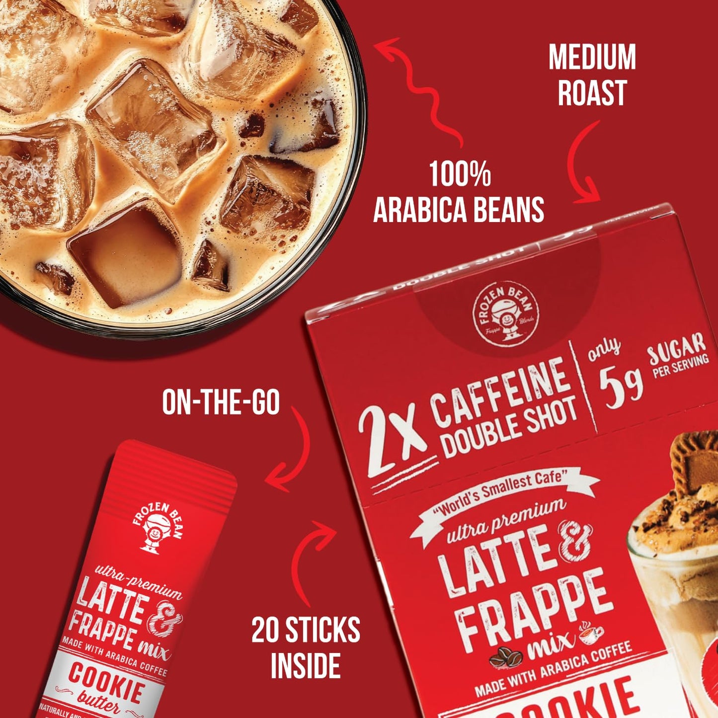 The Frozen Bean Vanilla Bean Frappe & Latte Instant Mix (10 Sticks), Made with Arabica Coffee, Double Shot Caffeine, Low Sugar & Premium Ingredients, Hot, Iced, or Blended Drinks