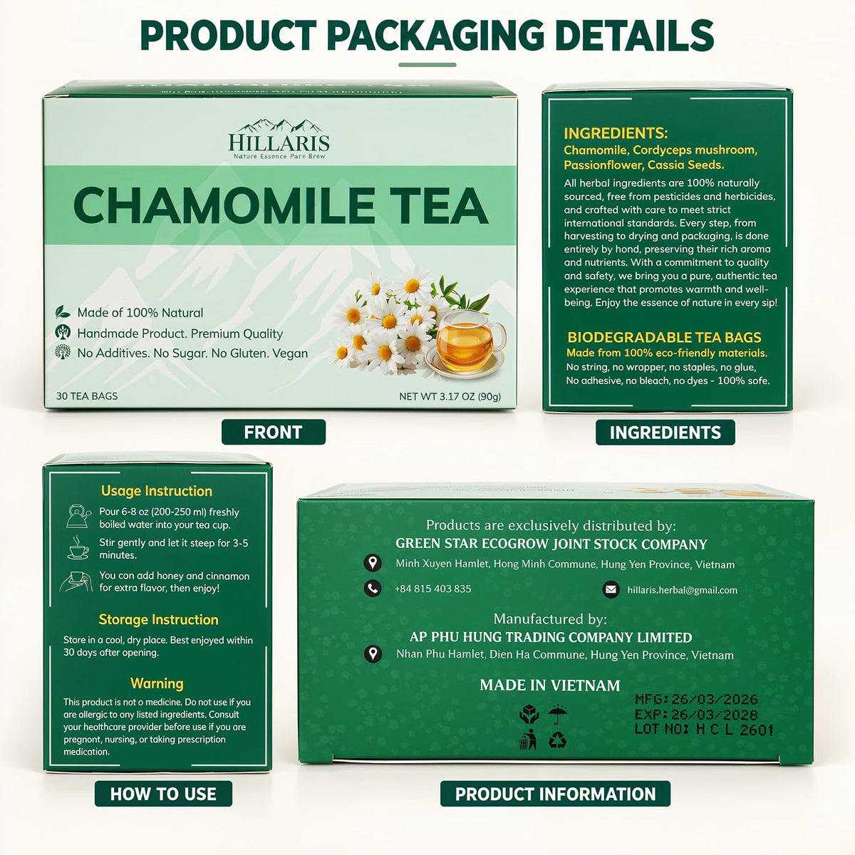 HILLARIS Chamomile Passionflower Herbal Tea, 30 Ct, 3g Each, Caffeine-Free