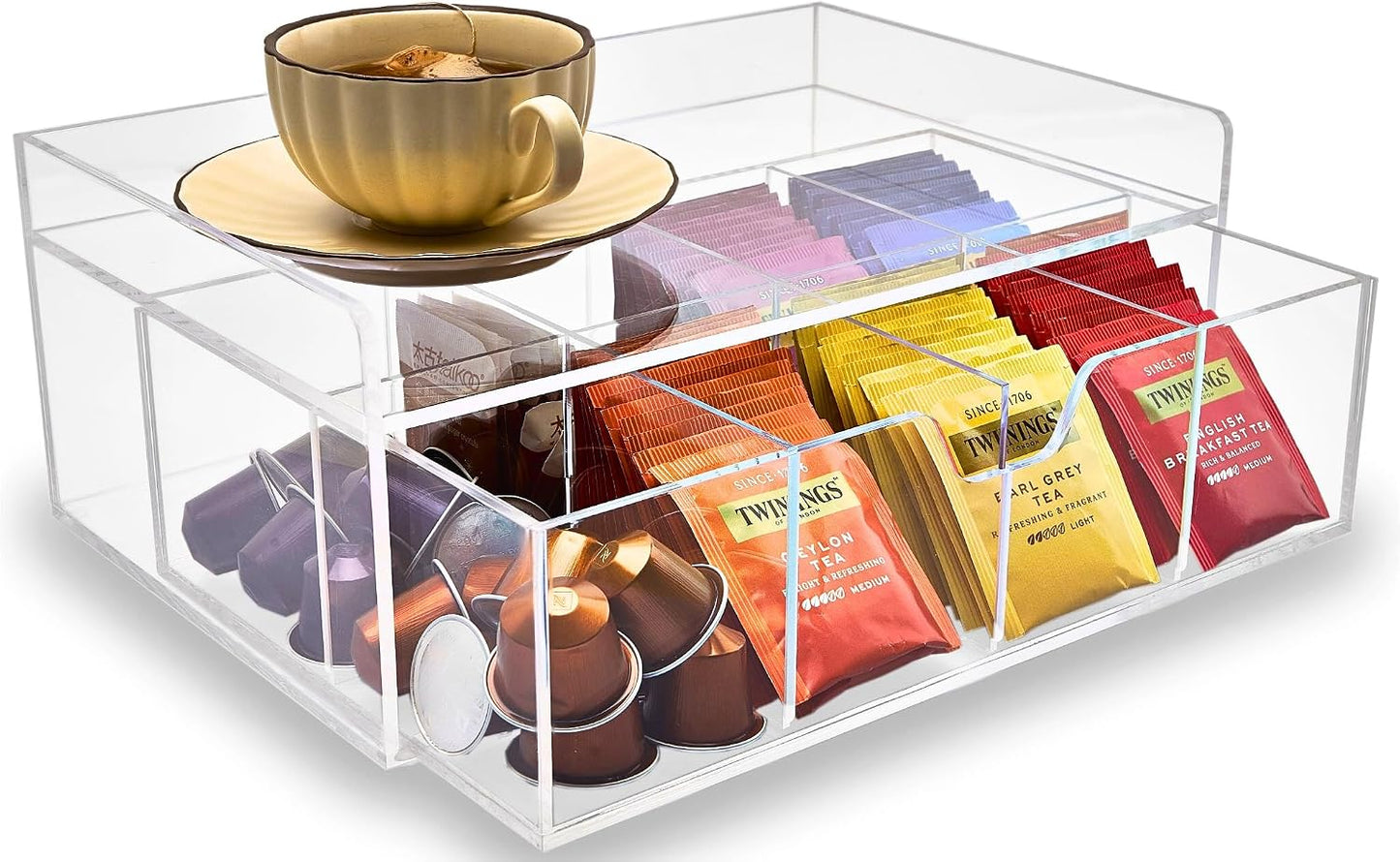 Heavy-Duty Acrylic Tea Bag Organizer, 8-Compartment Storage Box | Perfect Organizer: 8-compartment design keeps tea bags and coffee pods neatly sorted, saving space on your countertop.