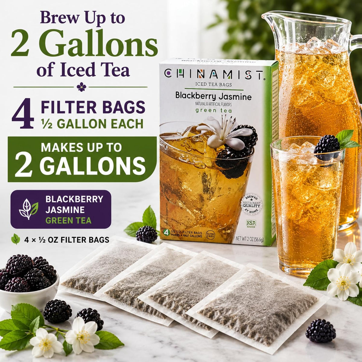 China Mist Iced Tea – Blackberry Jasmine Green Tea Infusion – Refreshing and Delicious – Each Tea Bag Yields 1/2 Gallon – 4 bags.