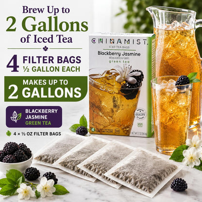 China Mist Iced Tea – Blackberry Jasmine Green Tea Infusion – Refreshing and Delicious – Each Tea Bag Yields 1/2 Gallon – 4 bags.