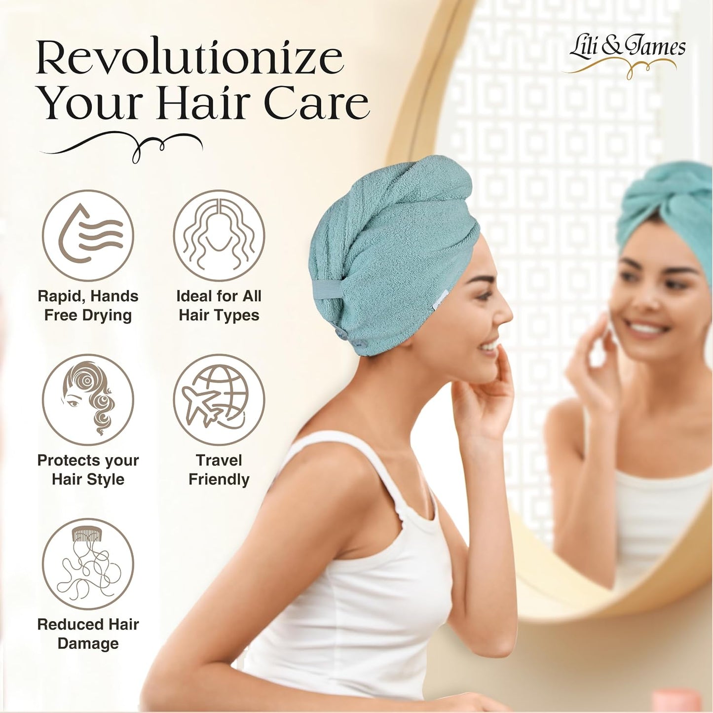 Lili&James 100% Cotton Hair Towel Wrap for Women & Kids – 420 GSM Quick Dry Hair Turban with Double Button Loop, Anti Frizz Non Microfiber Hair Drying Towel for Curly, Long & Thick Hair (Lilac)