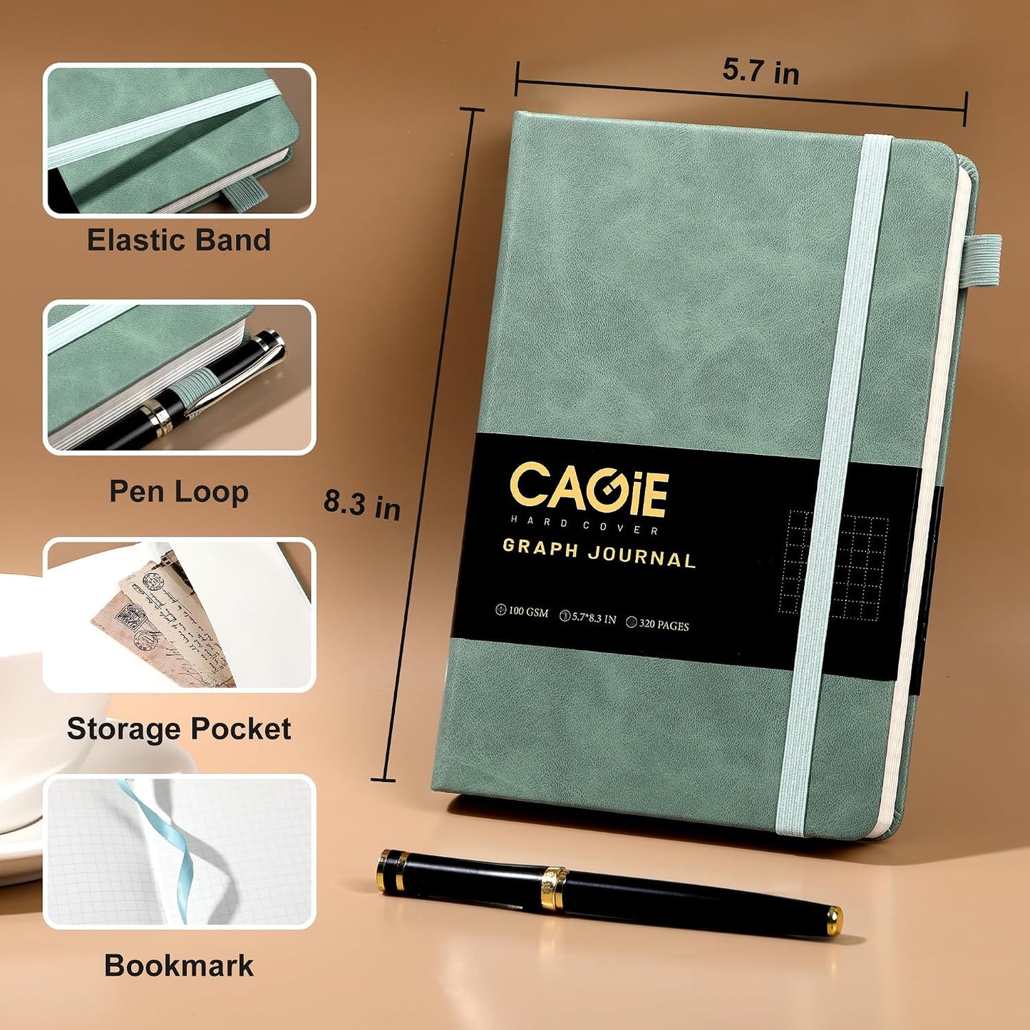 CAGIE Lined Journal Notebook for Women Men 320 Pages 100 Gsm Paper Thick Journaling Notebooks A5 Leather Journals for Writing Hardcover Journal Supplies for Work Note Taking Diary, 5.7x8.3 In, Green
