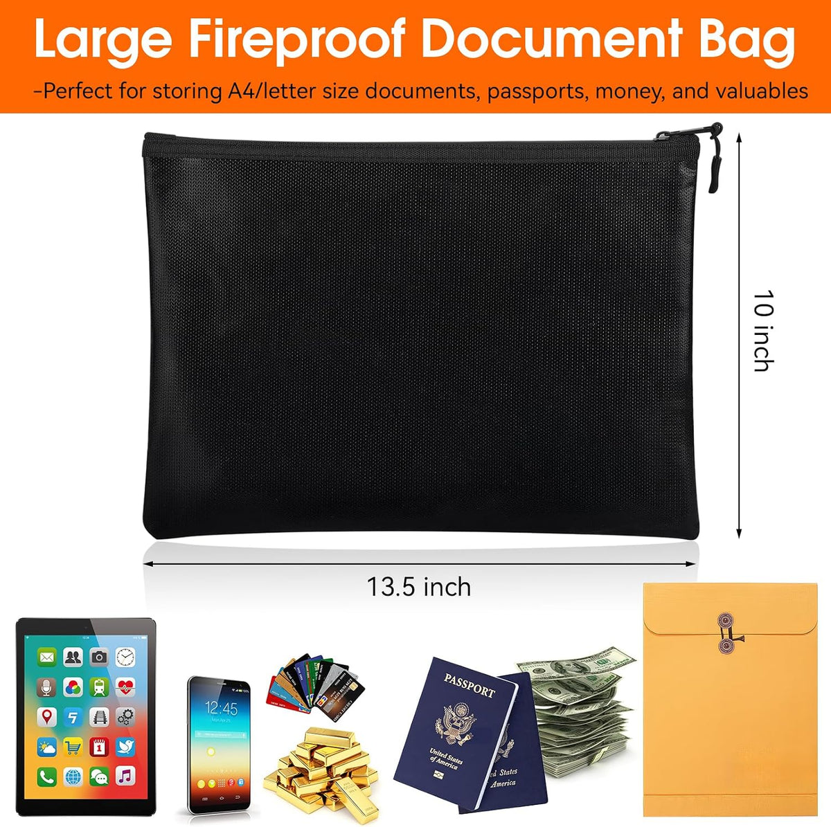 Fireproof Document Money Bag, Waterproof Zipper Pouch (10"x13.5")