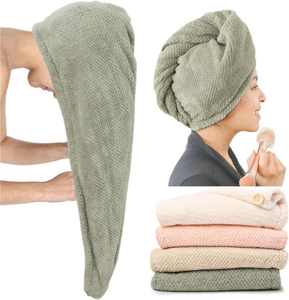 ROLSHOL Extra Large 4 Pack Microfiber Hair Towel Wrap for Women Super Absorbent & Quick Dry Hair Drying Towels with Button, Hair Turbans for Curly Hair Long & Short Hair - Anti-Frizz