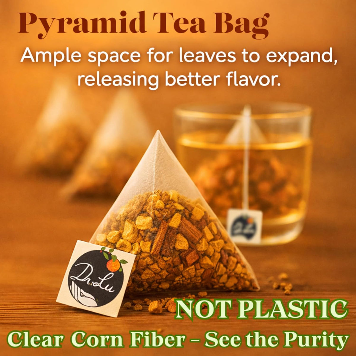 Dr. Lu’s Organic Turmeric Ginger Cinnamon Tea | Tropical Wild Roots & Bark from South Asia | 100% Natural Digestive & Warming Support | 30 x 3g Potent Root Blend Corn Fiber Pyramid Bags (No Plastic, No Nylon)