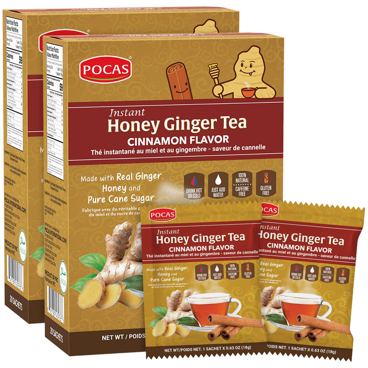 Pocas Honey Ginger Tea - Instant Tea Powder Packets with Lemon & Ginger Honey Crystals, 20 Count (Pack of 2)