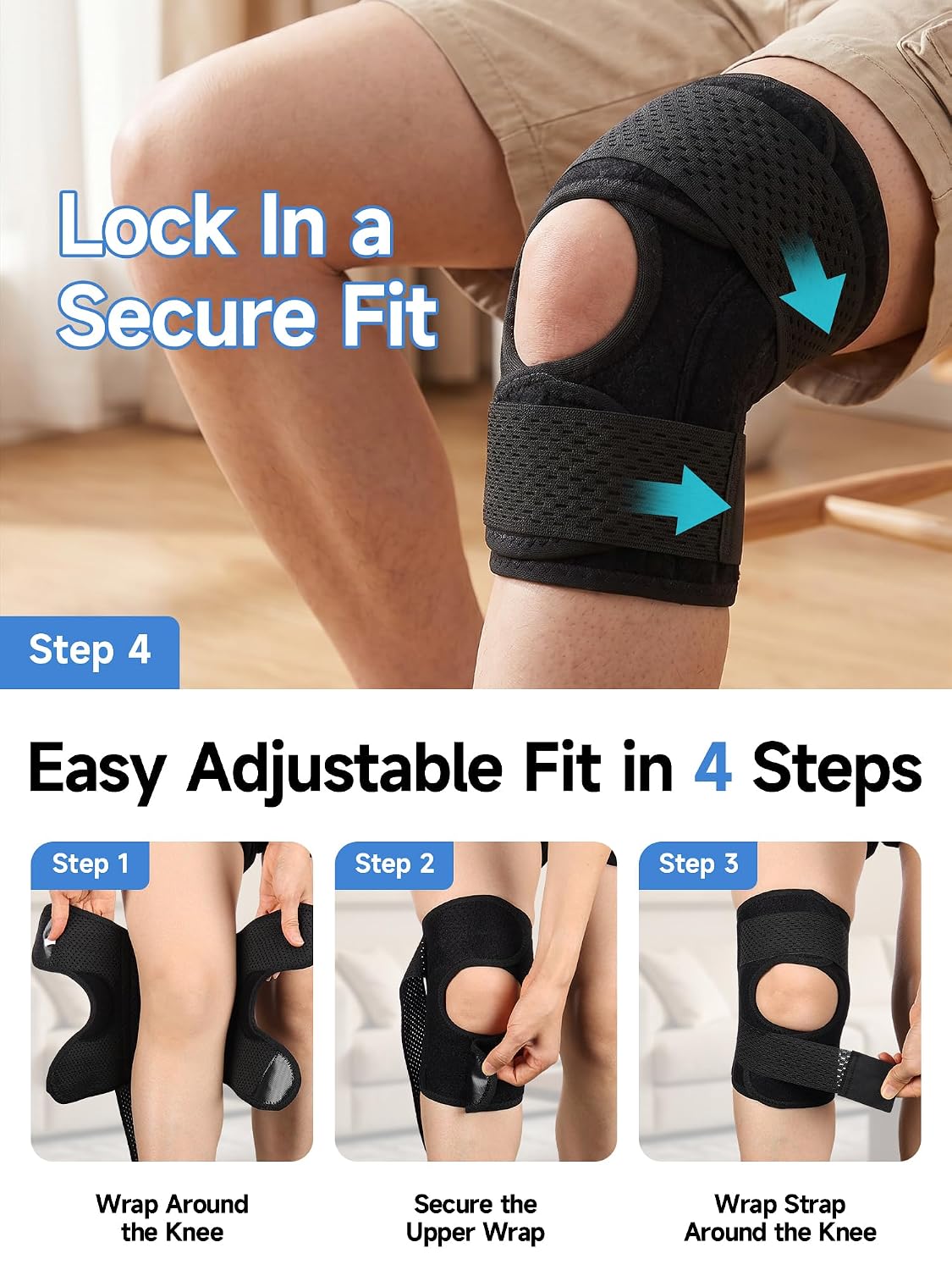 Braventure Knee Brace for Women and Men, Knee Support with Side Stabilizers | Adjustable wraparound Straps & Anti-Slip for Knee Pain Injuries Recovery, Meniscus Tear,ACL,MCL,Arthritis, Patella Stability