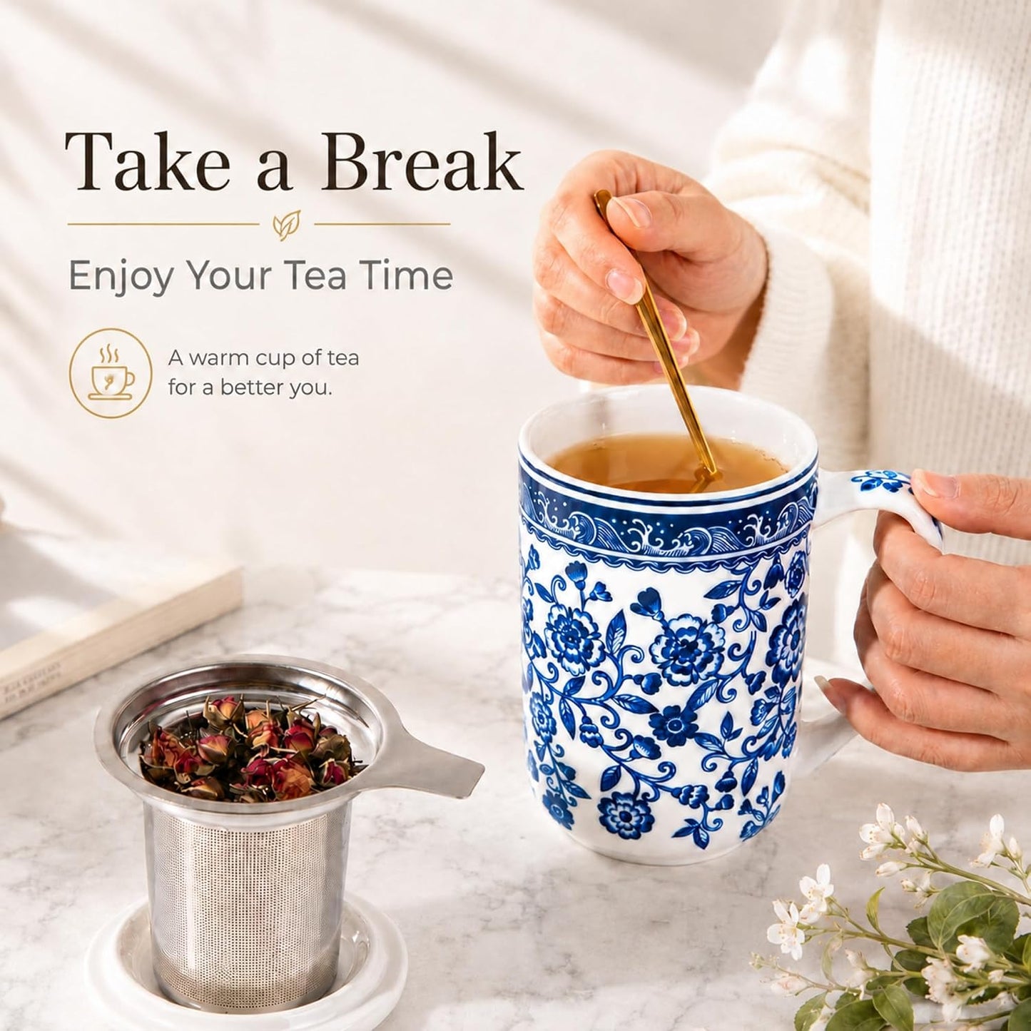 AmorArc Porcelain Tea Mug with Infuser and Lids, 18 Oz Large Cup Strainer with Bag Holder for Loose Leaf Tea, Steeping Coffee Mug for House-warming Wedding Birthday Gift