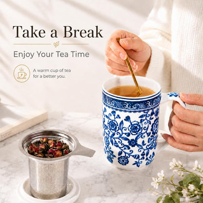 AmorArc Porcelain Tea Mug with Infuser and Lids, 18 Oz Large Cup Strainer with Bag Holder for Loose Leaf Tea, Steeping Coffee Mug for House-warming Wedding Birthday Gift