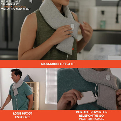 Calming Heat Neck Wrap by Sharper Image Copper & Charcoal Infused Personal Electric Neck Heating Pad with Vibrations, 3 Heat & 3 Vibration Settings- 9 Relaxing Combinations