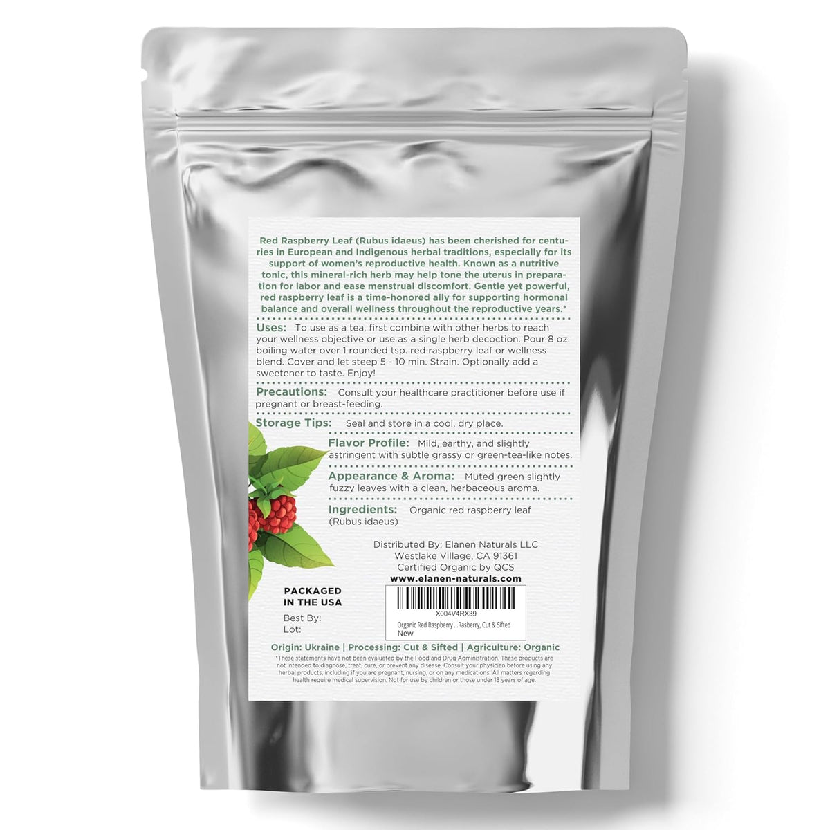 Organic Red Raspberry Leaf 4 oz. (113g), USDA Certified Organic Red Raspberry Leaf Tea Pregnancy, Loose Rasberry, Cut & Sifted