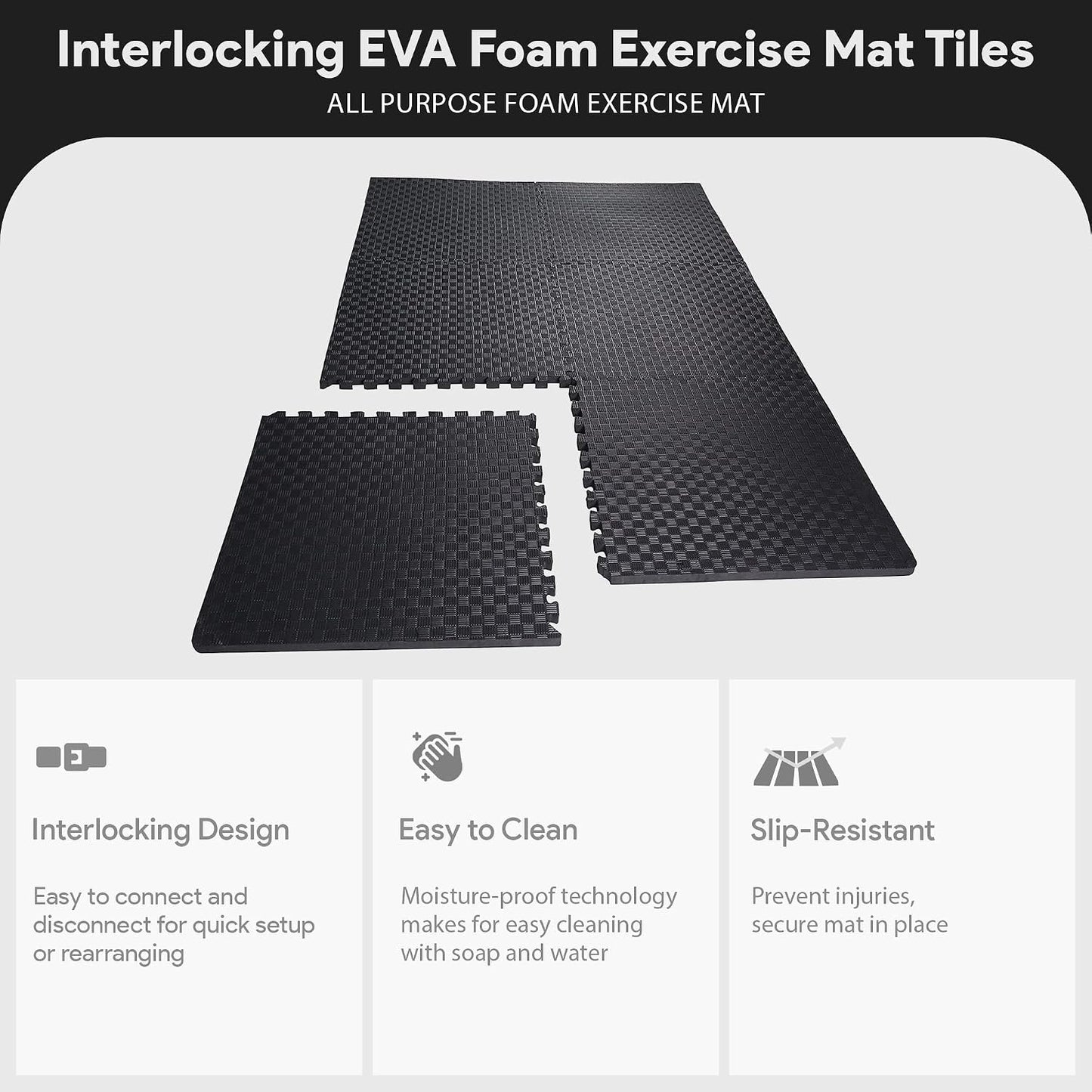 BalanceFrom Puzzle Exercise Mat 1/2" Thick, EVA Interlocking Foam Floor | Tiles for Home Gym, Mat for Home Workout Equipment, Floor Padding for Kids, Black, 24 in x 24 in x 1/2 in, 144 Sq Ft-36 Tiles