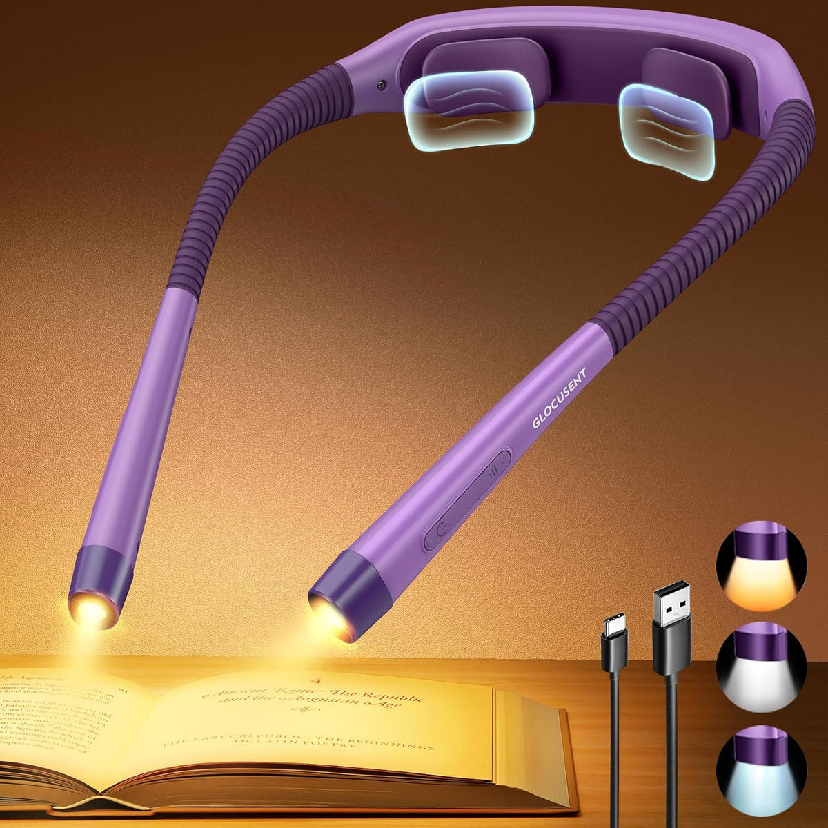 Glocusent Neck Light with Timer, 100 Hours Book Light for Bedtime Reading