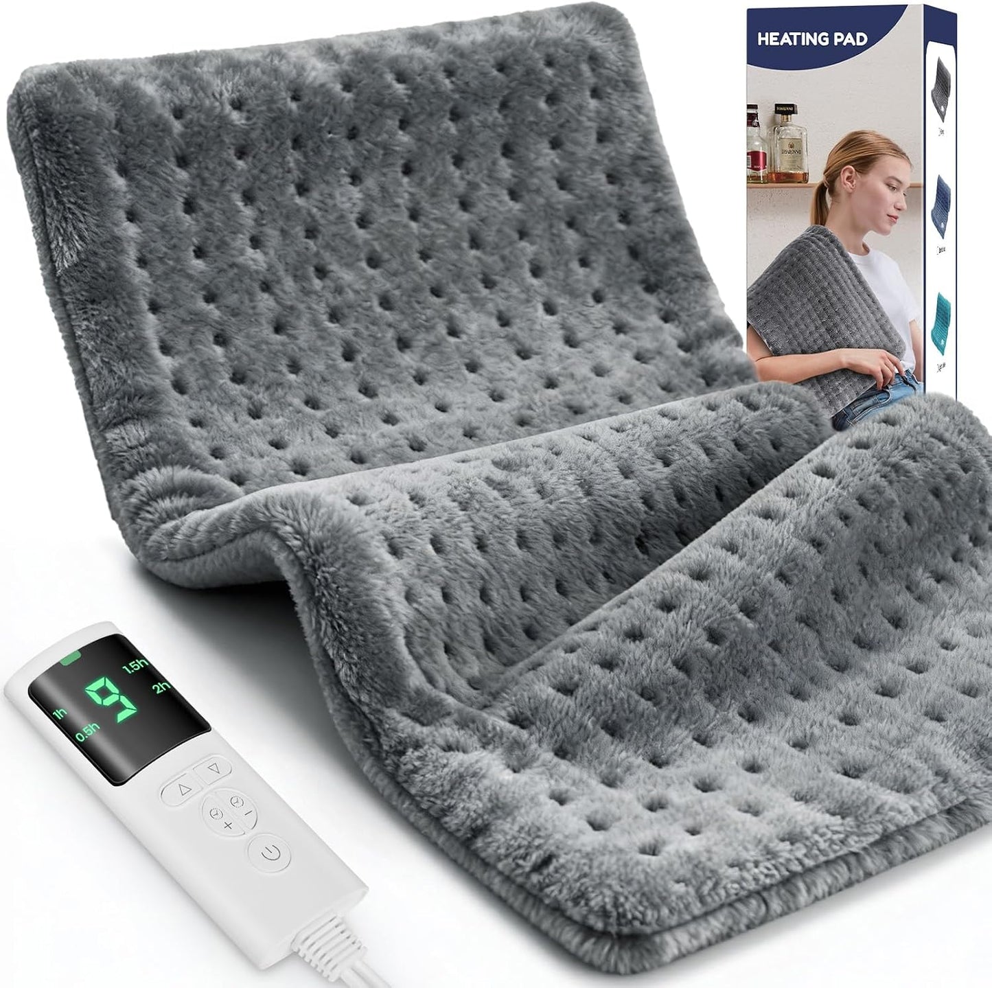 Extra Large Heating Pad for Back Pain Relief, 33"x17" Electric Heat Pad for Neck, Shoulders, Cramps, Menstrual Pain, 9 Heat Settings & 4 Auto-Off Timers, Soft Machine Wash Fabric, Gifts for Lover Gray