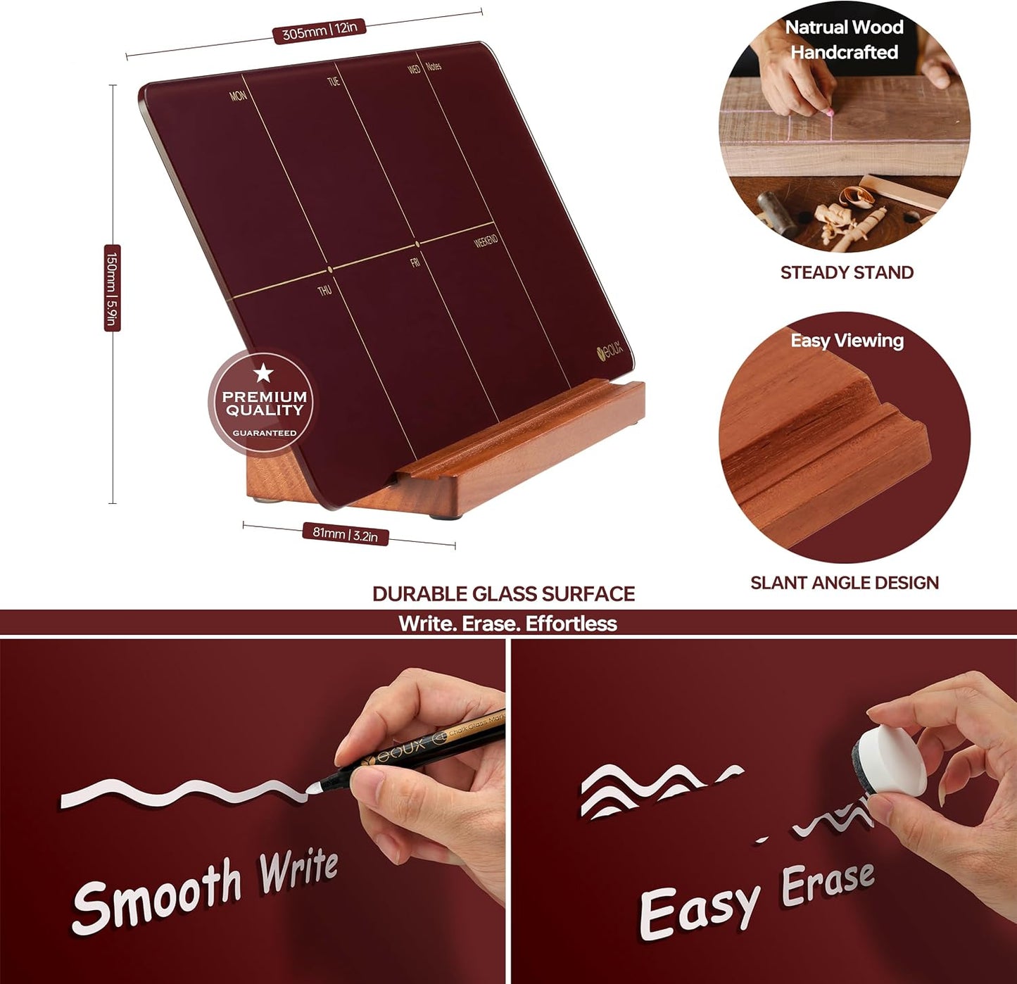Desktop Glass Weekly Planner Whiteboard with Detachable Wood Stand,Small Portable Dry Erase Calendar to Do List White Board 12x6" for Office, Home, Schools, Marker&Eraser Included, Yeoux