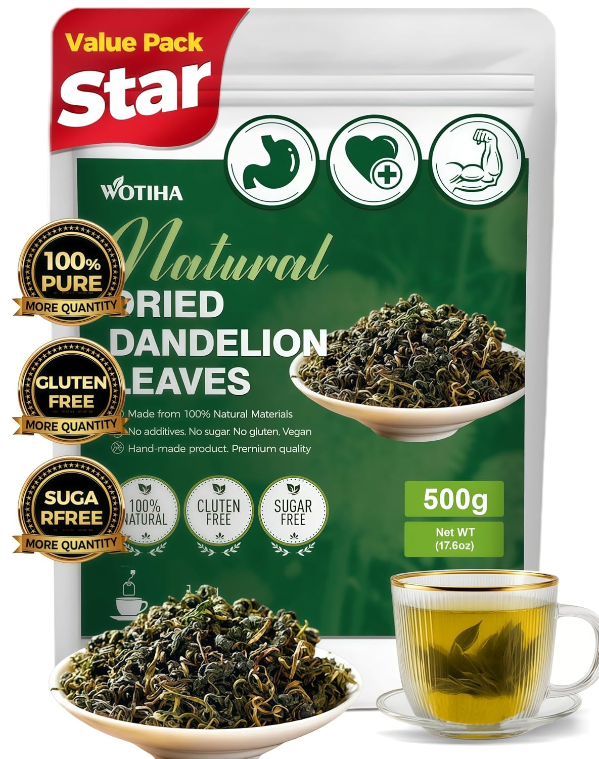 WOTIHA 60 Count Premium Dandelion Root Tea Bags - 100% Natural Roasted, Supports Liver & Kidney Health, Digestion & Immunity, Caffeine-Free, Additive-Free, Gluten-Free, Vegan.