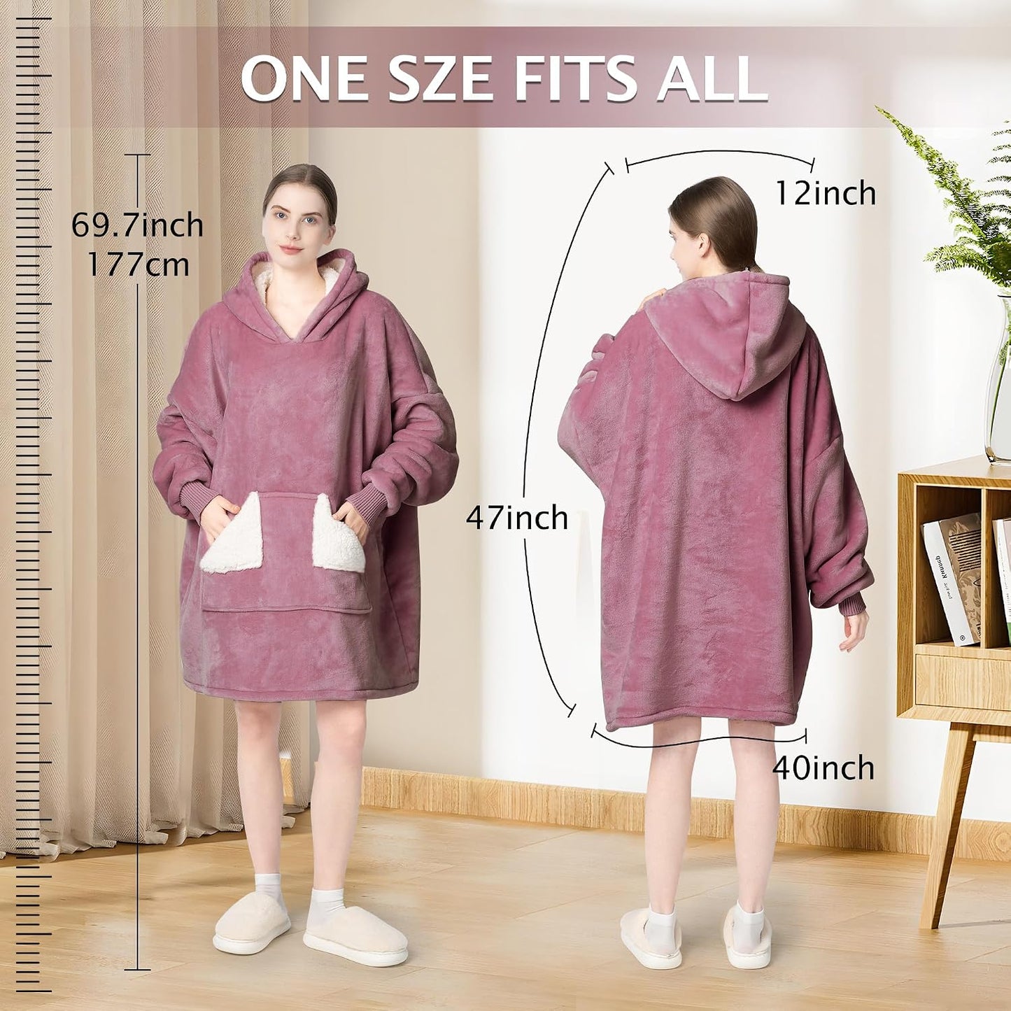 Touchat Wearable Blanket Hoodie, Oversized Sherpa Blanket Sweatshirt with Hood Pocket and Sleeves, Super Soft Warm Plush Hooded Blanket for Adult Women Men, One Size Fits All (Pink)