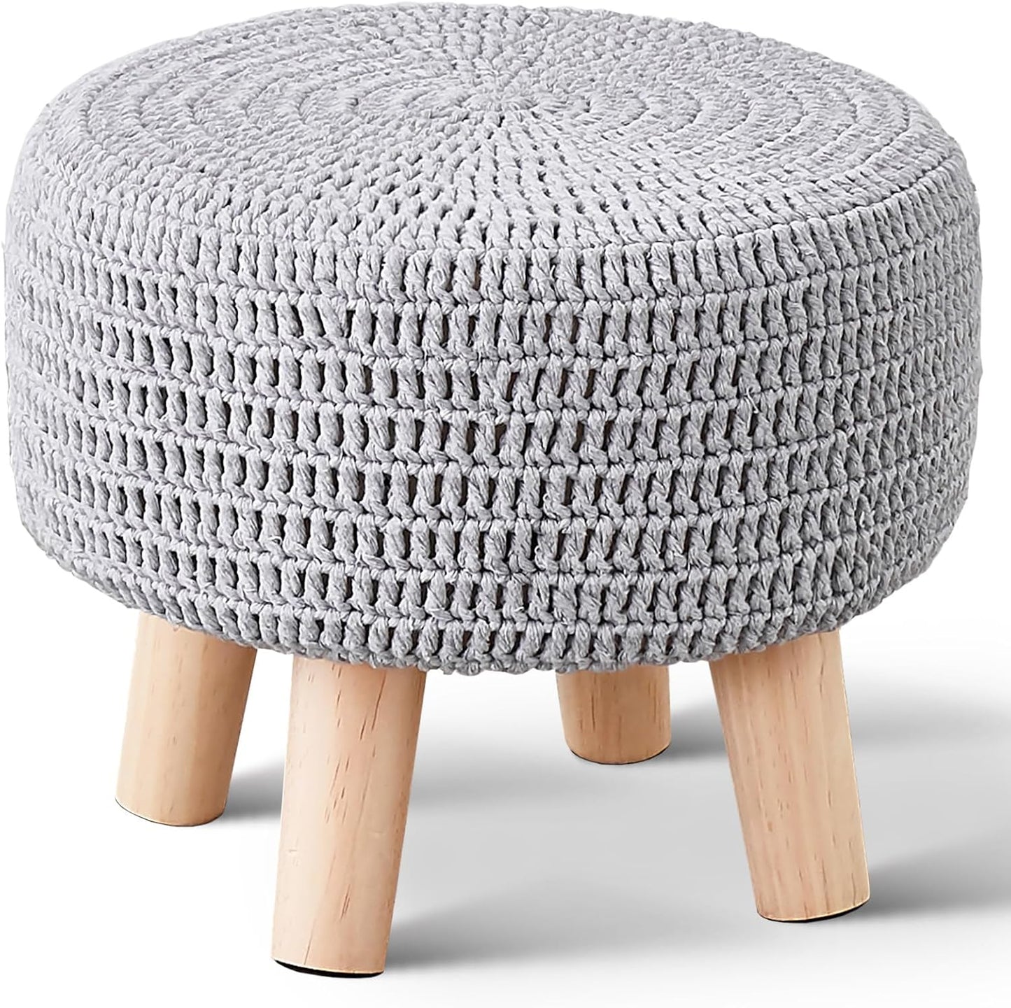 Wimarsbon Pouf Ottoman, 100% Cotton Knitted Boho Footstool, Round Footrest with Non-Skid Wood Legs, Home Décor Handmade Pouffe, Leisure Floor Step Stool for Living Room (Beige)
