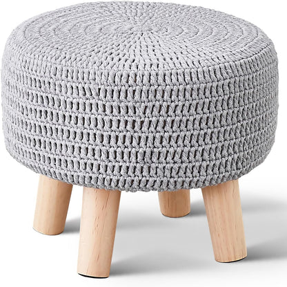 Wimarsbon Pouf Ottoman, 100% Cotton Knitted Boho Footstool, Round Footrest with Non-Skid Wood Legs, Home Décor Handmade Pouffe, Leisure Floor Step Stool for Living Room (Beige)