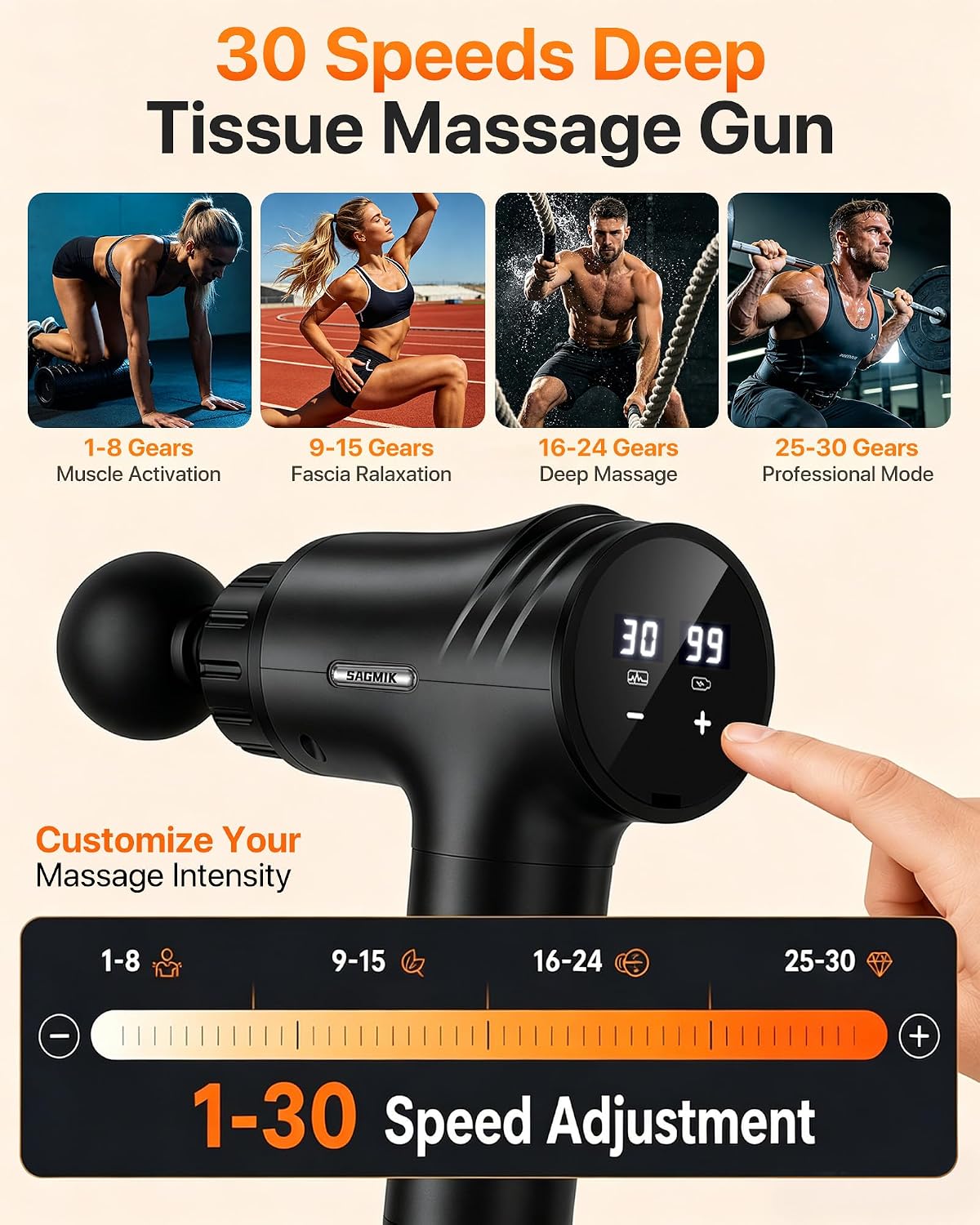 Massage Gun, Professional Deep Tissue Percussion Muscle Massager for Athletes with 30 Speeds & 6 Heads, Quiet Handheld Back Neck Shoulder Body Mini Massager