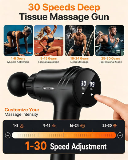 Massage Gun, Professional Deep Tissue Percussion Muscle Massager for Athletes with 30 Speeds & 6 Heads, Quiet Handheld Back Neck Shoulder Body Mini Massager