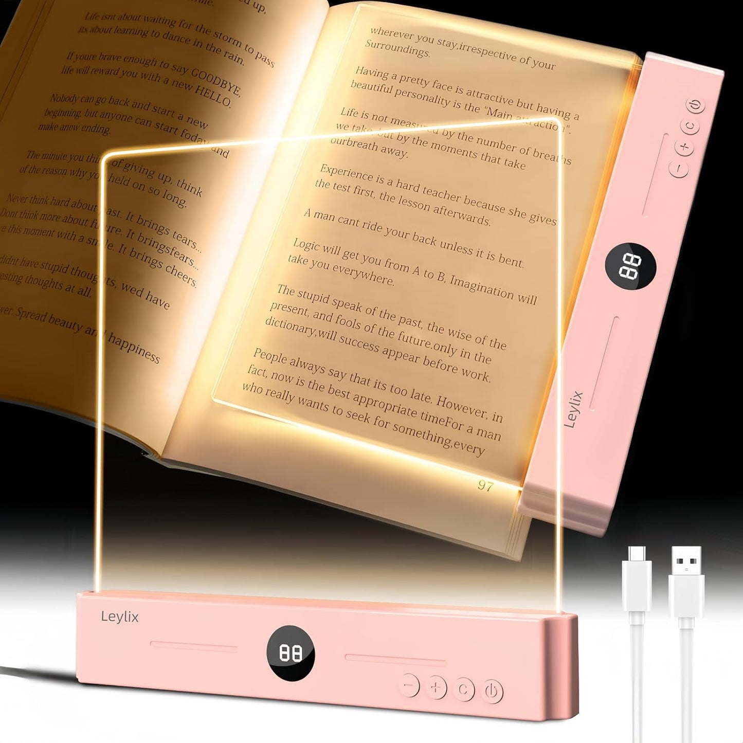 XL LED Flat Book Light for Reading at Night in Bed, Matte Pink | Eye-Caring Page Illuminator 3 Color Temperatures Stepless Dimmable USB Rechargeable, Portable Flat Panel Lamp with Soft