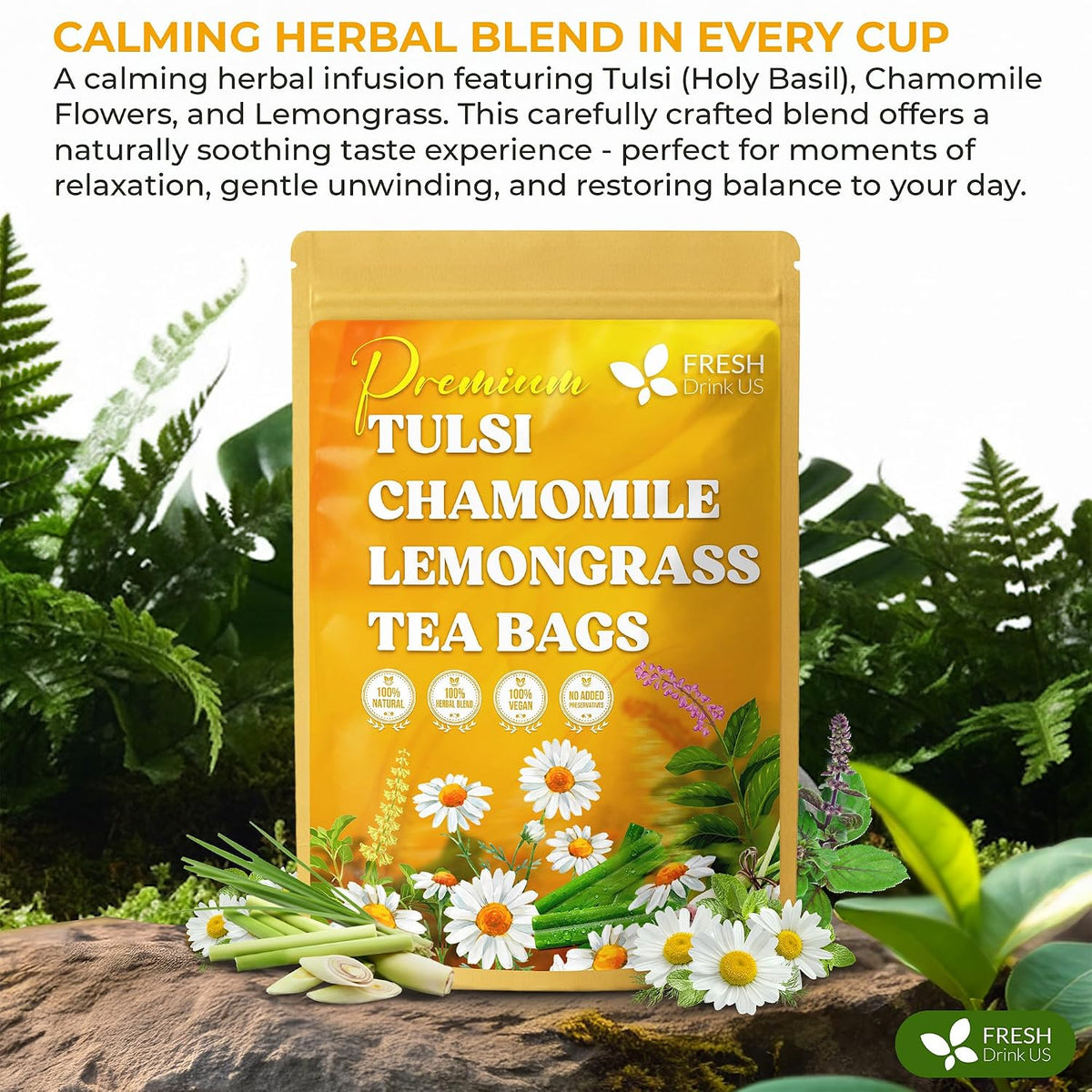 FreshDrinkUS, Premium Tulsi Chamomile Herbal Tea, 135 Bags, Caffeine Free