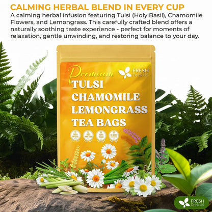 FreshDrinkUS, Premium 75 Tea Bags Tulsi Chamomile Lemongrass Herbal Tea | Blend with Holy Basil, Chamomile Flowers & Lemongrass Leaves – Naturally Caffeine-Free, Soothing Herbal Infusion. Vegan