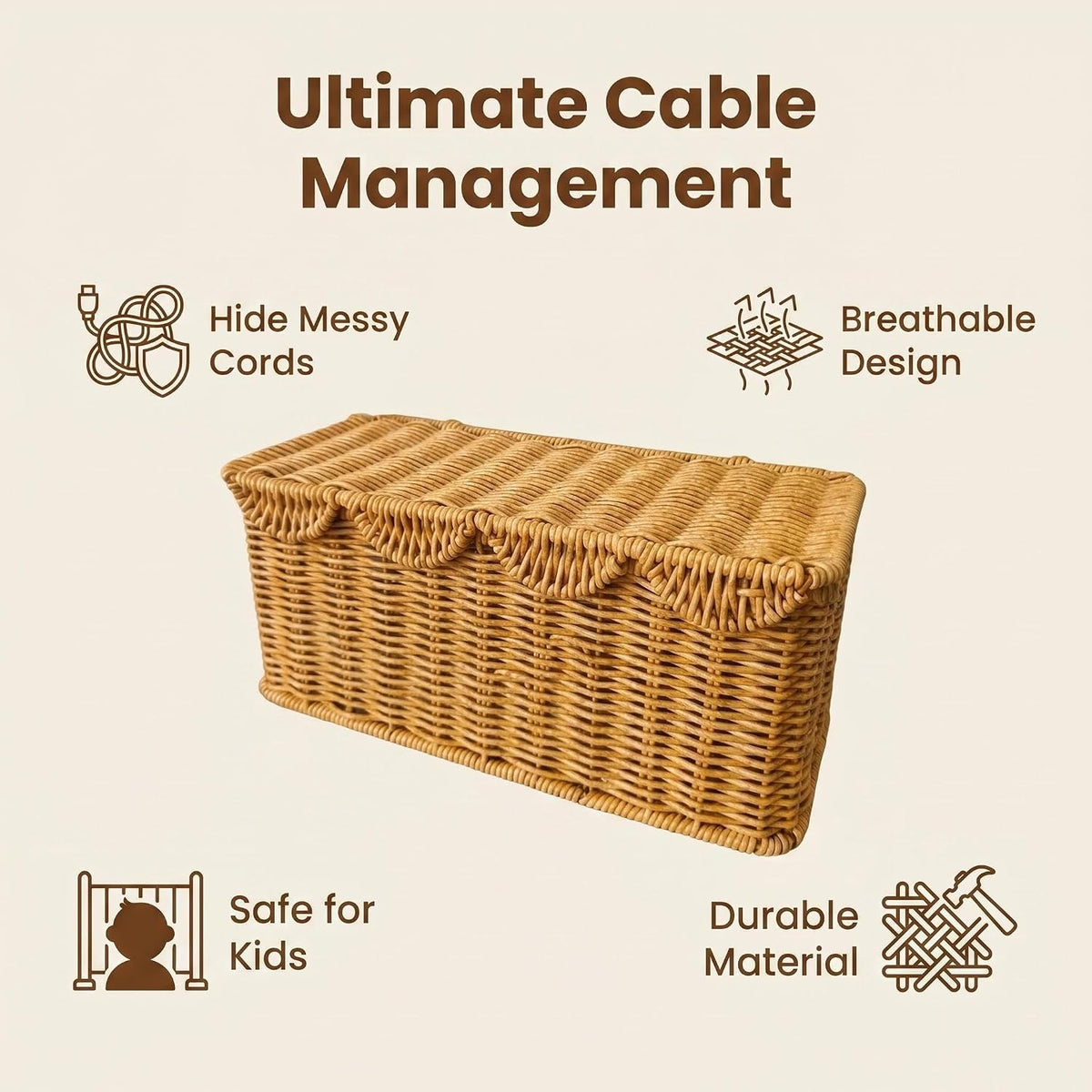 Cable Management Box Handwoven Faux Rattan Cord Basket with Lid (Scallop)