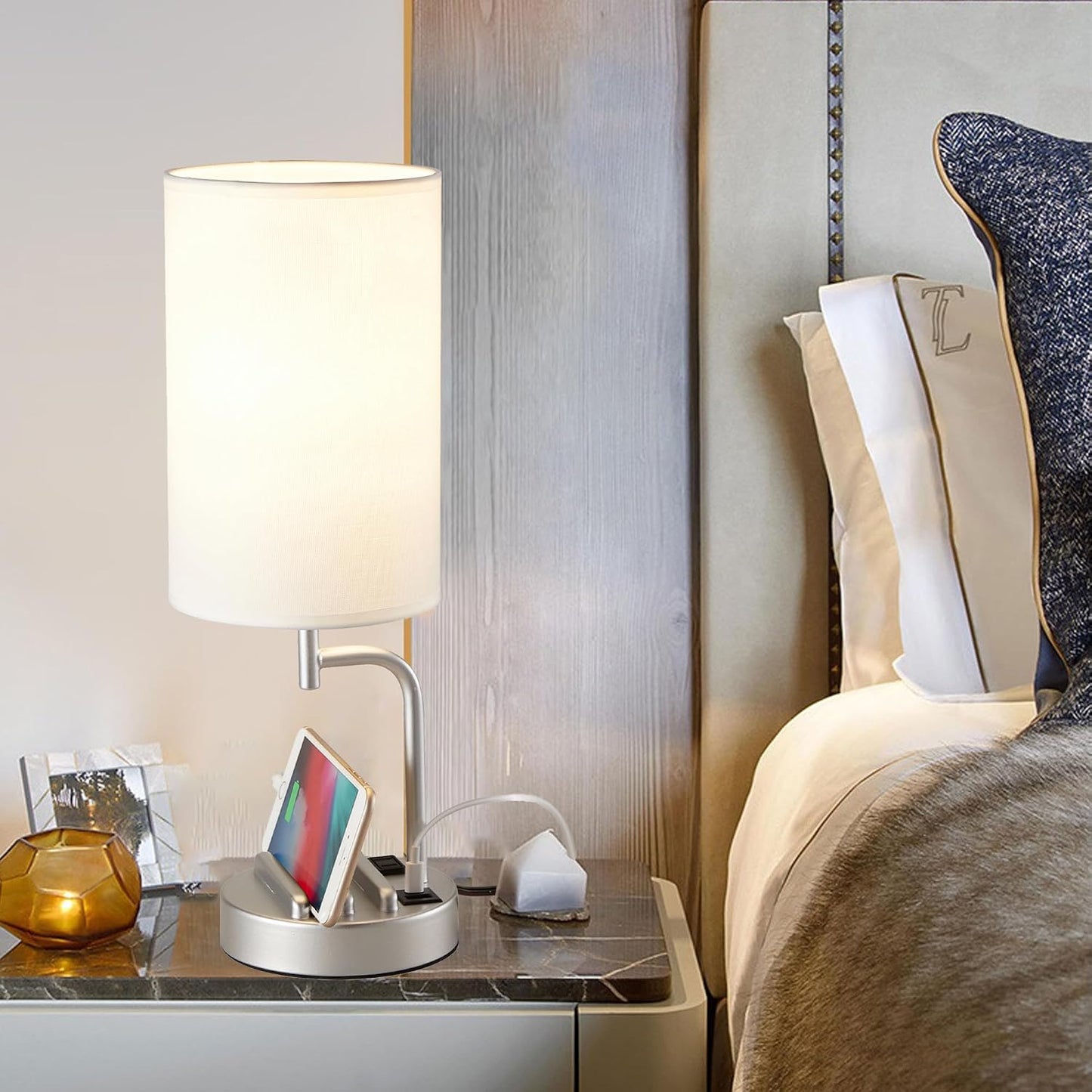 Dreamholder Touch Control USB Table Lamp, Upgraded 3-Way Dimmable Bedside Desk Lamp with USB C & A Charging Ports and AC Outlet, Nightstand Lamp for Bedroom, Dimmable 9W LED Bulb Included