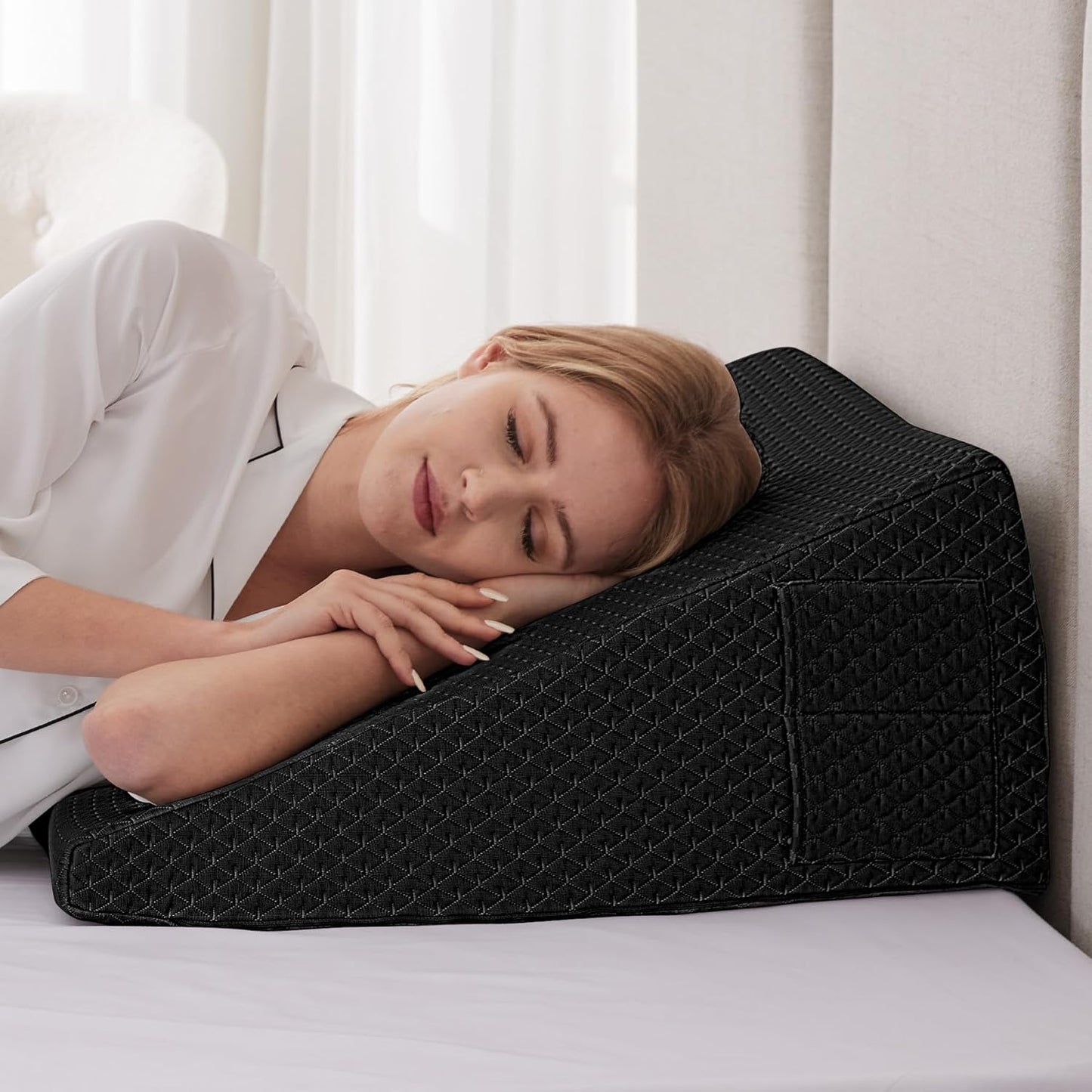 Ruqmuis Wedge Pillow for Acid Reflux, Bed Wedge Pillow for Headboard 10", Pillow Wedge for Back Pain Relief, Post Surgery, Elevated Pillows for Sleeping, Snoring, Triangle Pillow with Cover, White