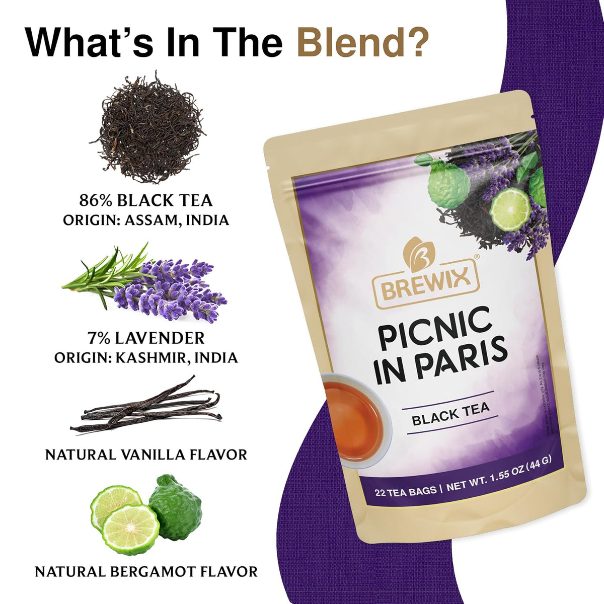 BREWIX, Earl Grey Lavender Tea Bags (25 Whole-Leaf Pyramid Sachets) | London Fog Black Tea with Natural Bergamot, Lavender & Vanilla | Floral, Aromatic & Caffeinated, Hot, Iced or Latte | Picnic in Paris