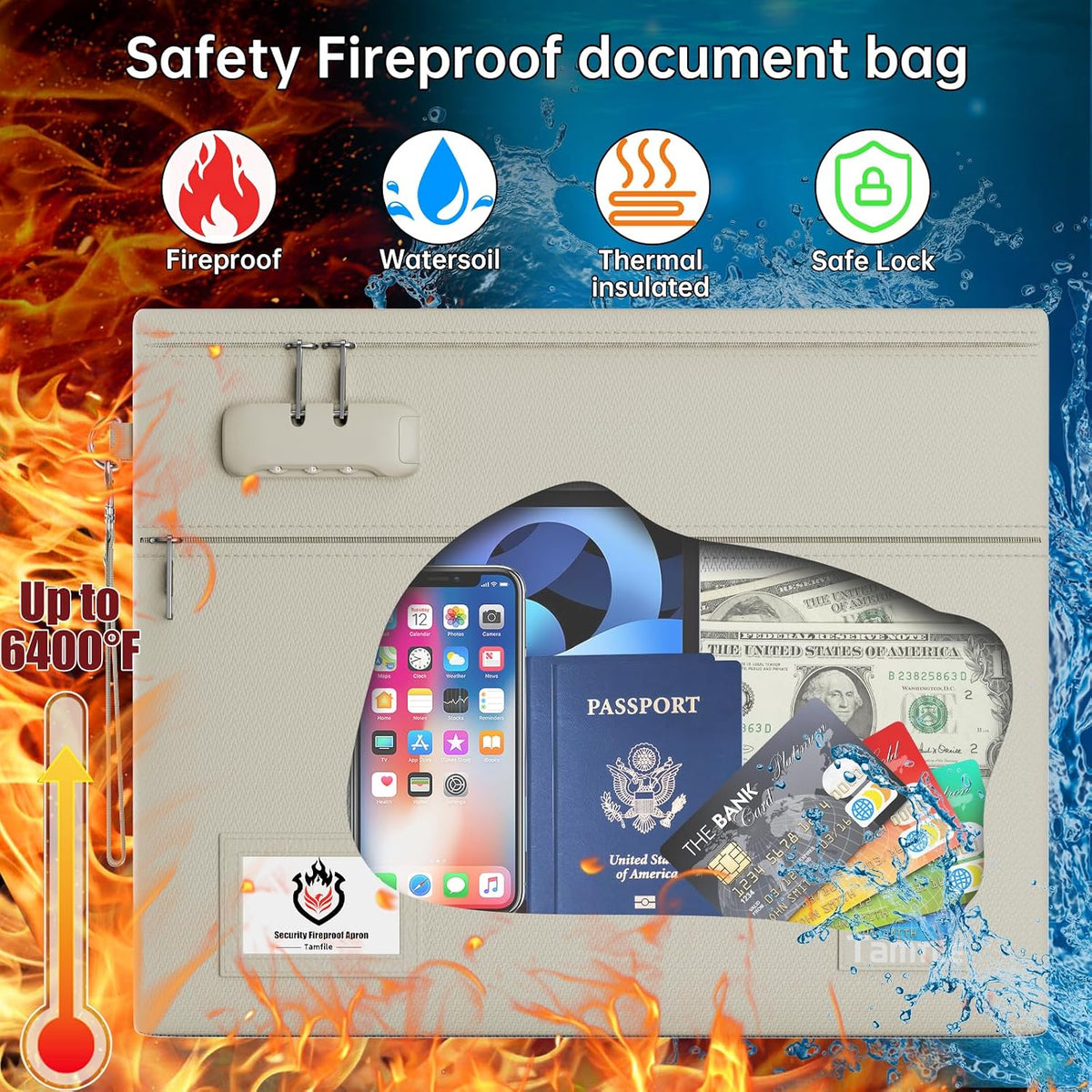 Tamfile Fireproof Document Bag with Lock,15x12 inch Heat Resistant Cash Bag