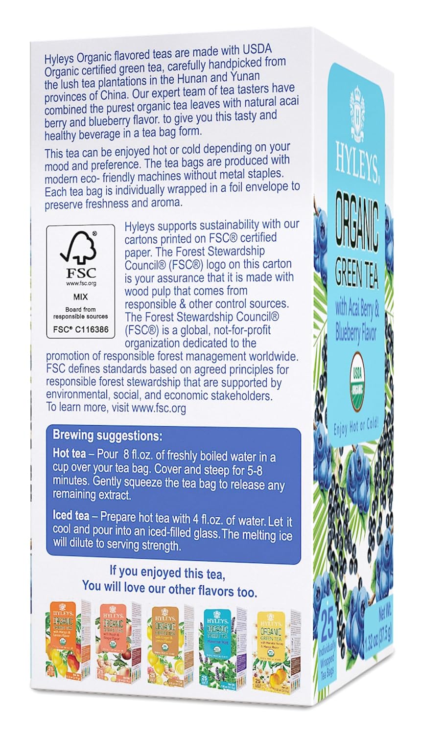 Hyleys Organic Green Tea, Acai & Blueberry Flavor, Natural, 25 Tea Bags