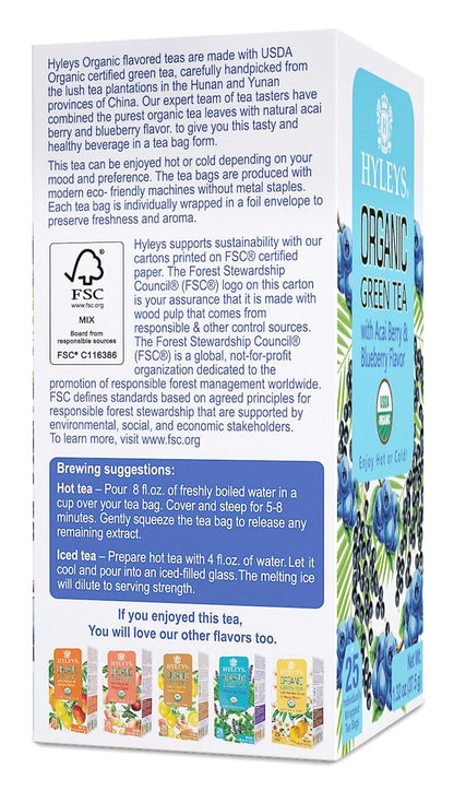 Hyleys Organic Green Tea, Acai & Blueberry Flavor, Natural, 25 Tea Bags
