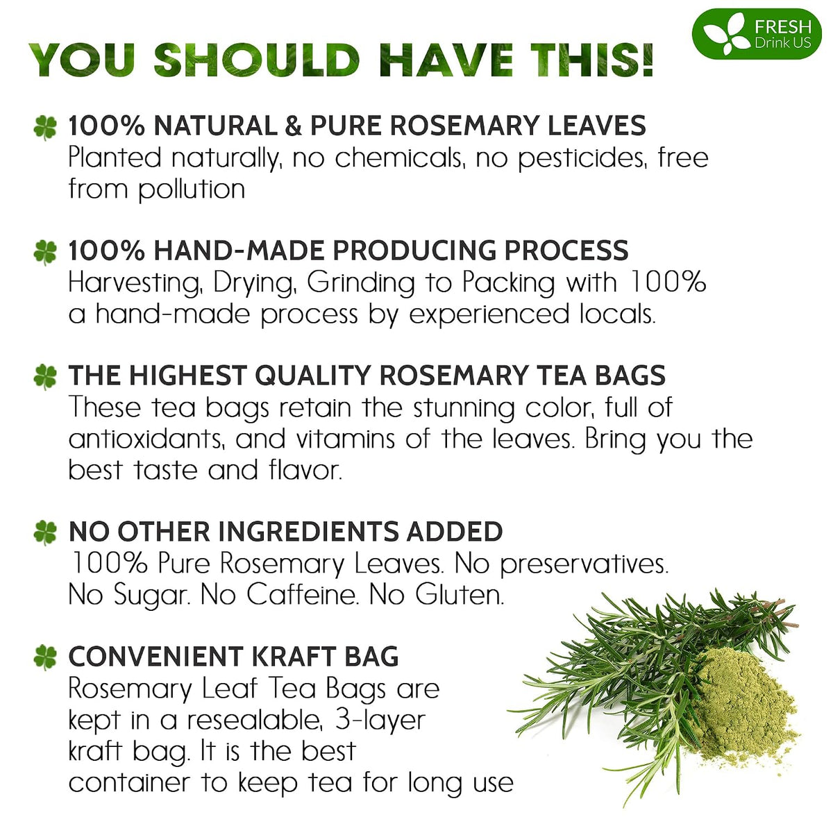 FreshDrinkUS, Premium Rosemary Leaf Tea, 100 Count, Pure, Caffeine Free