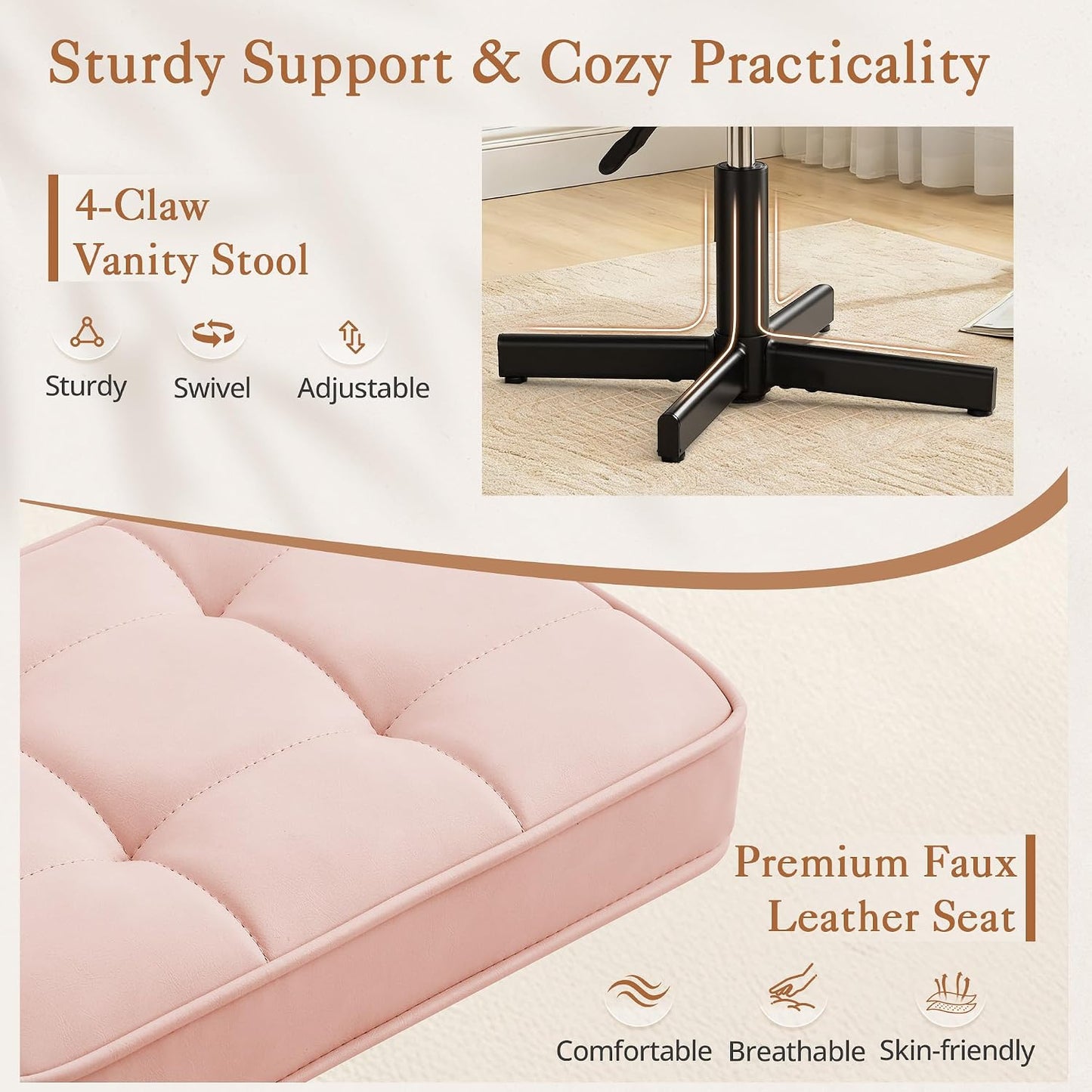 LUE BONA Adjustable Vanity Stool, Foot Rest Under Desk, 360° Swivel Vanity Chair for Makeup Room, Black Upholstered Faux Leather Ottoman for Bathroom & Living Room, 300lbs