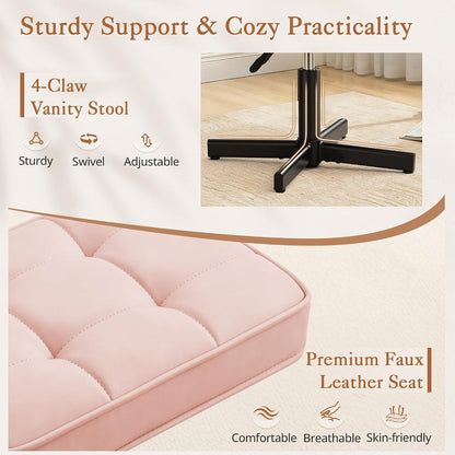 LUE BONA Adjustable Vanity Stool, Foot Rest Under Desk, 360° Swivel Vanity Chair for Makeup Room, Black Upholstered Faux Leather Ottoman for Bathroom & Living Room, 300lbs