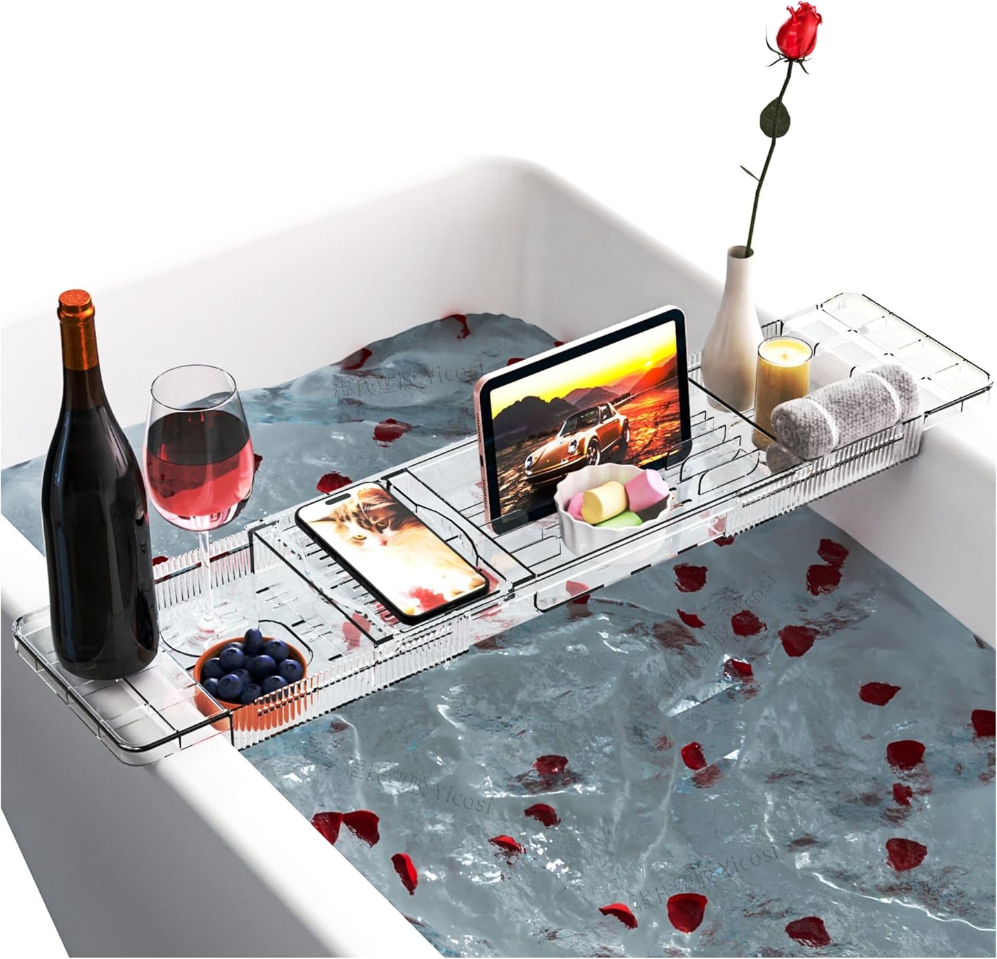 Yieach Luxury Clear Acrylic Bathtub Tray with Book Holder,Expandable Bath Tray for Tub and Bath Shelf Over Tub,Plastic Bath Table & Board,Bath Caddy Trays & Accessories for Women Relaxing Spa Gifts