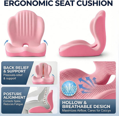 Ergonomic Seat Memory Foam Support Cushion for Back, Car Seat Back Support Cushion for Sciatica Tailbone Pain, Office Desk Chair Car Travel Seat Cushion (Pink)